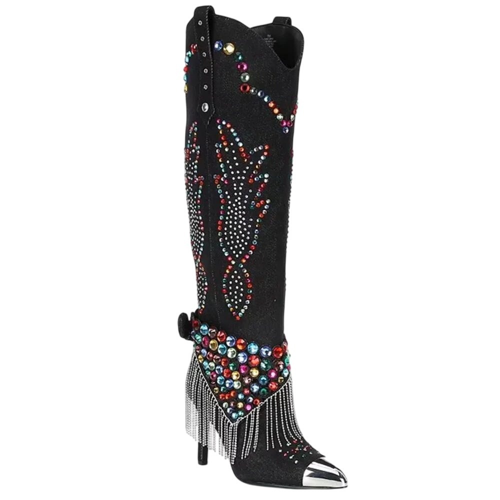 Gianni Bini Kaitrin Rainbow Rhinestone Fringe Bandana Over-Knee Boots 8.5